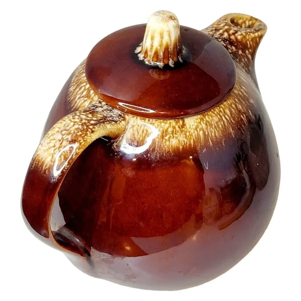 Vintage Hull Pottery Brown Drip Ball Shaped Tea Pot &‎ Lid Oven Proof USA 6 3/4
